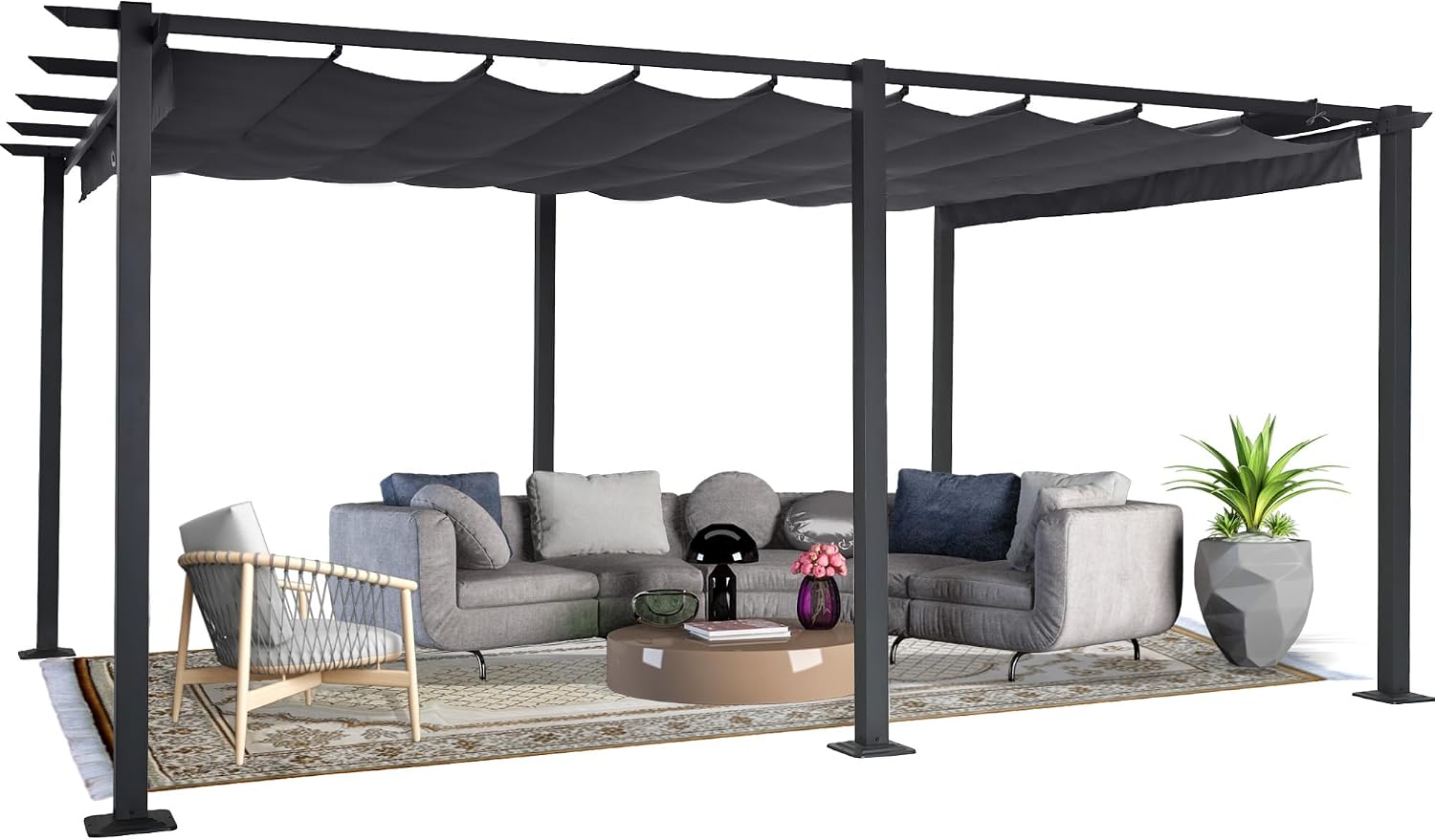 HAPPATIO 12' X 16' Outdoor Pergola Retractable Pergola Canopy for Deck, Backyard, Patio, Aluminum Frame with Sun Canopy, Includes Ground Studs and Expansion Screws (Grey)