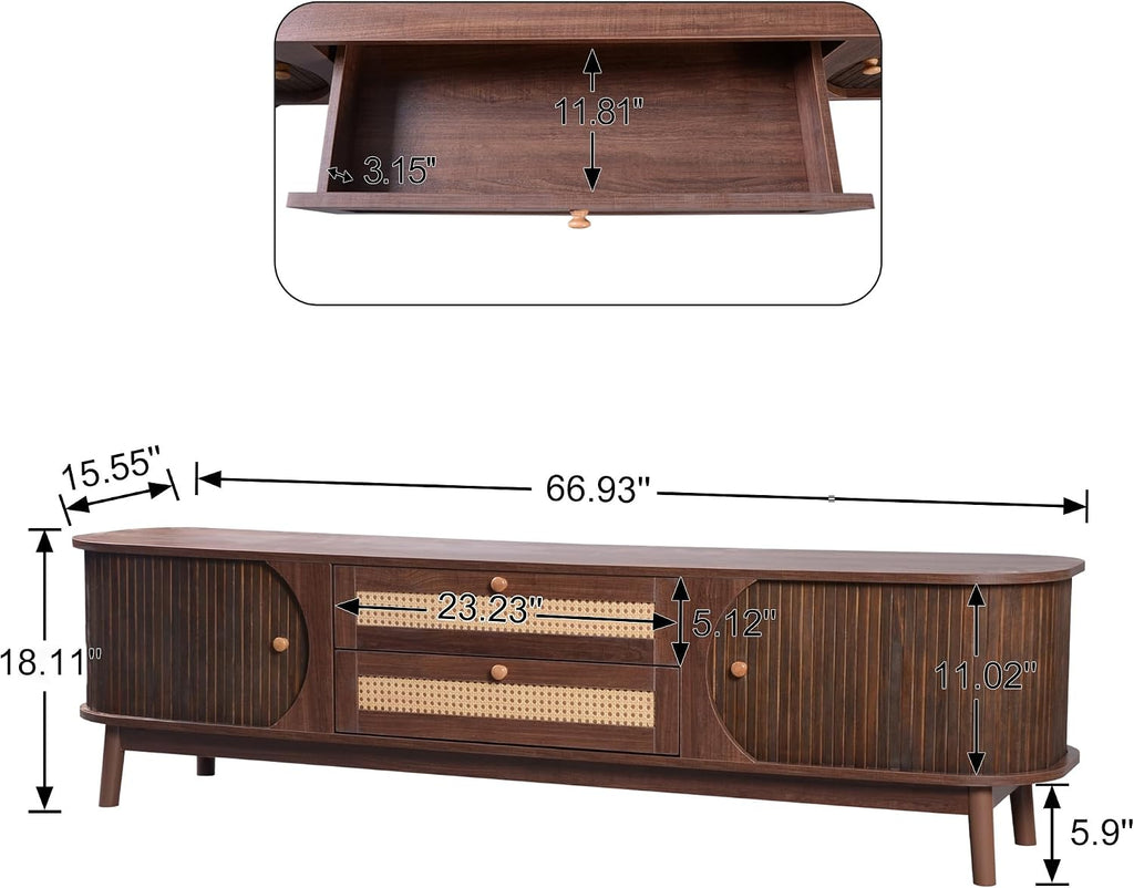 Merax Modern Fluted TV Stand for 75' TVs, Mid-Century Entertainment Center Tambour Door Media Console TV Cabinet with Rattan-Front Drawer for Living Room, Curved Profile Design