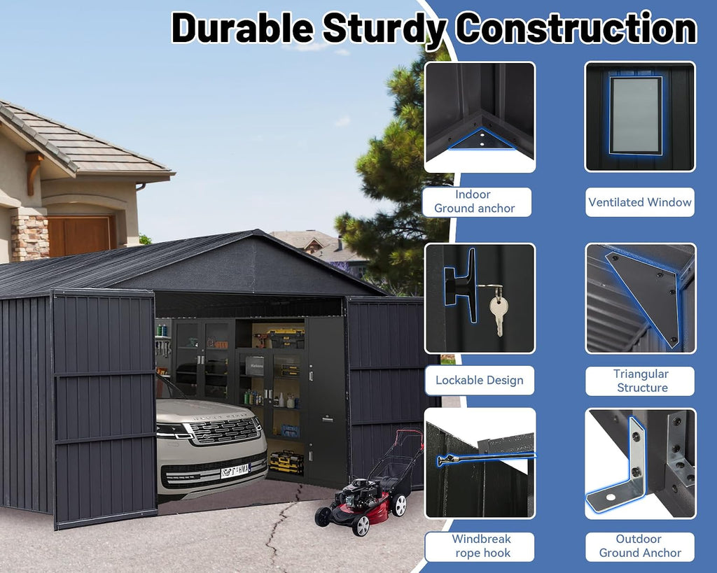 12x20FT Metal Carport, Heavy Duty Metal Garage with 2 Lockable Doors, Metal Steel Storage Shed, Metal Shed, Car Garage, Outdoor Large Garage for RV, Truck & Lawnmower -Dark Grey