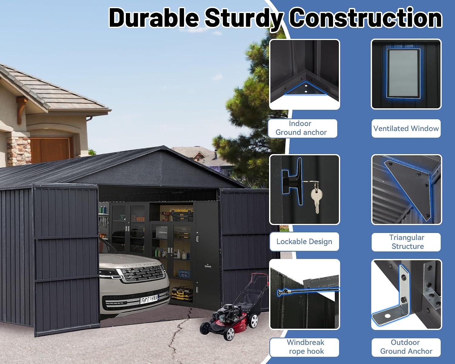 12x20FT Metal Carport, Heavy Duty Metal Garage with 2 Lockable Doors, Metal Steel Storage Shed, Metal Shed, Car Garage, Outdoor Large Garage for RV, Truck & Lawnmower -Dark Grey