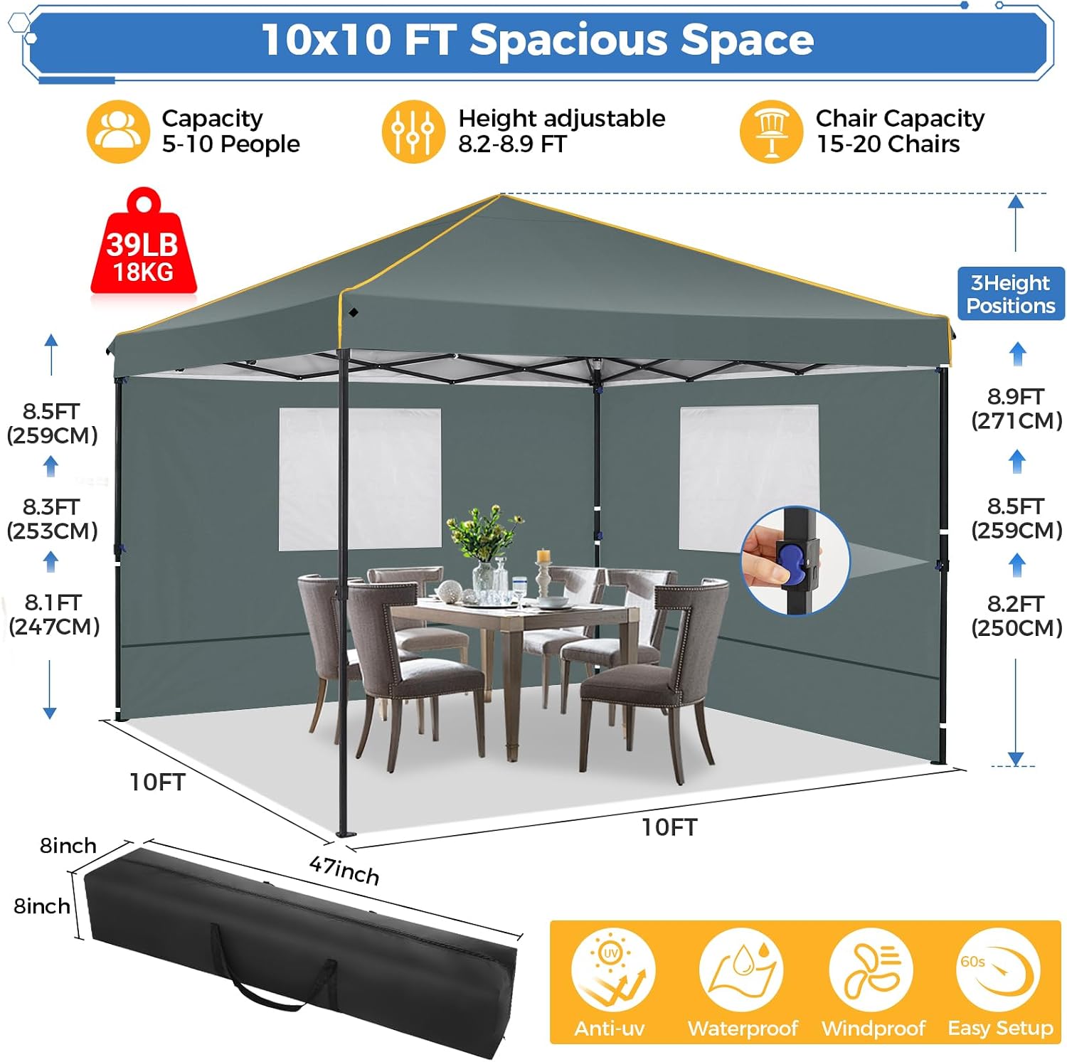 COBIZI 10x10 Pop Up Canopy Tent with Sidewalls and Roll-up Ventilated Windows with Mosquito net, Ez Outdoor Commercial Instant Gazebo Tent for Party Waterproof with Carrybag