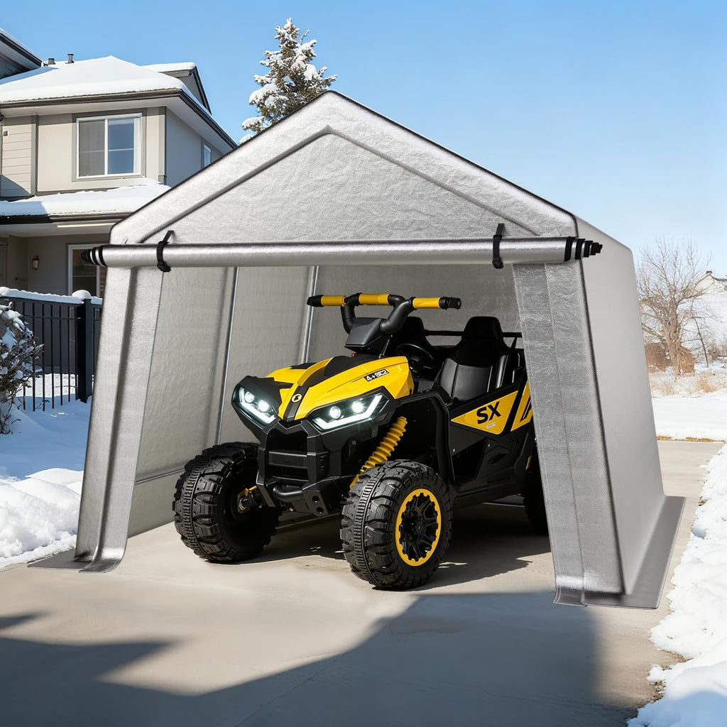 LINKHOO 10 x 10 FT Carport, Portable Shed w/220G Heavy Duty Waterproof PE Tarp, Roll-up Zipper Door & Vent, Weather-Resistant Storage Shed for Motorcycle, Bike and Tools, Gray