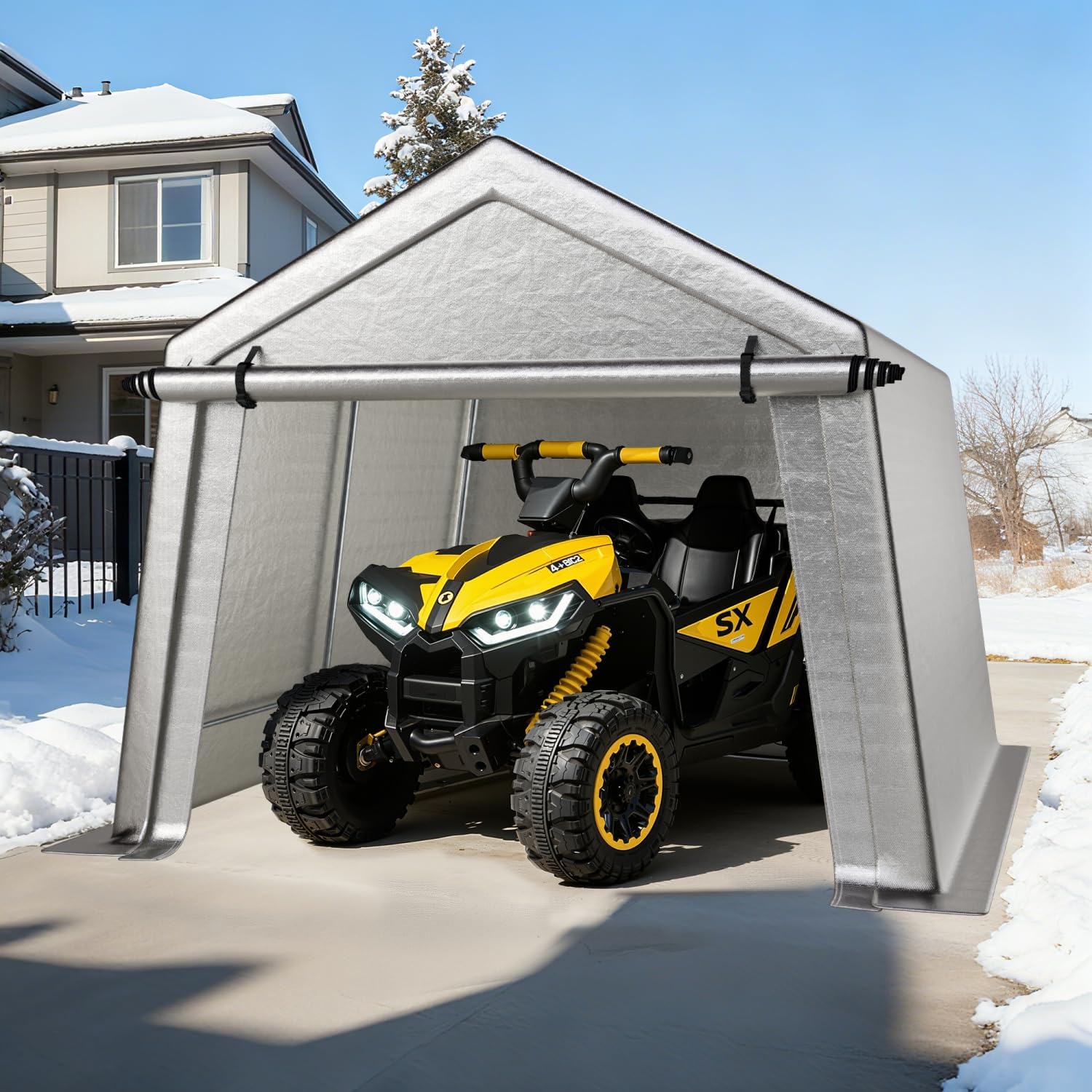 LINKHOO 10 x 10 FT Carport, Portable Shed w/220G Heavy Duty Waterproof PE Tarp, Roll-up Zipper Door & Vent, Weather-Resistant Storage Shed for Motorcycle, Bike and Tools, Gray