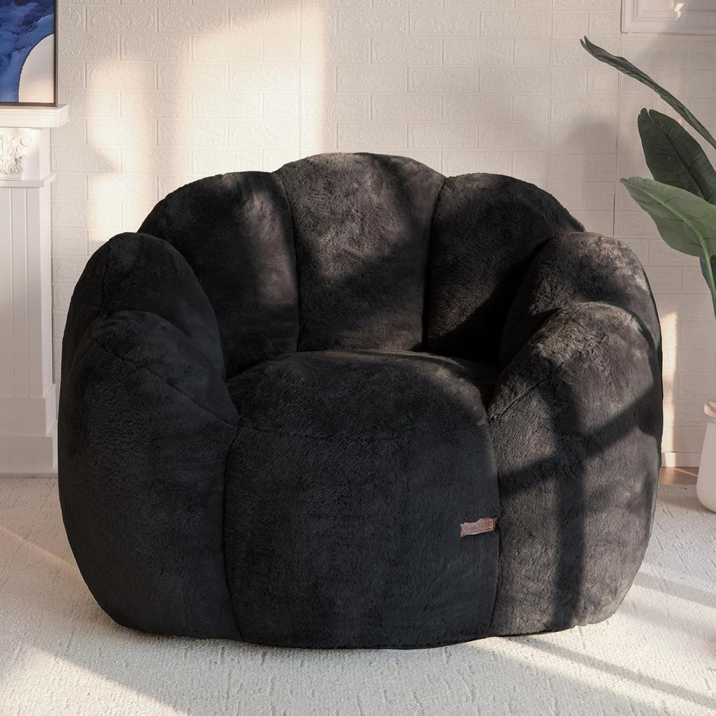 MAXYOYO Bean Bag Chair for Adults, Floral Shaped Bean Bag Sofa, Ultra Soft Faux Fur Floor Sofa, Large Reading Chair for Living Room Bedroom, Black, Single