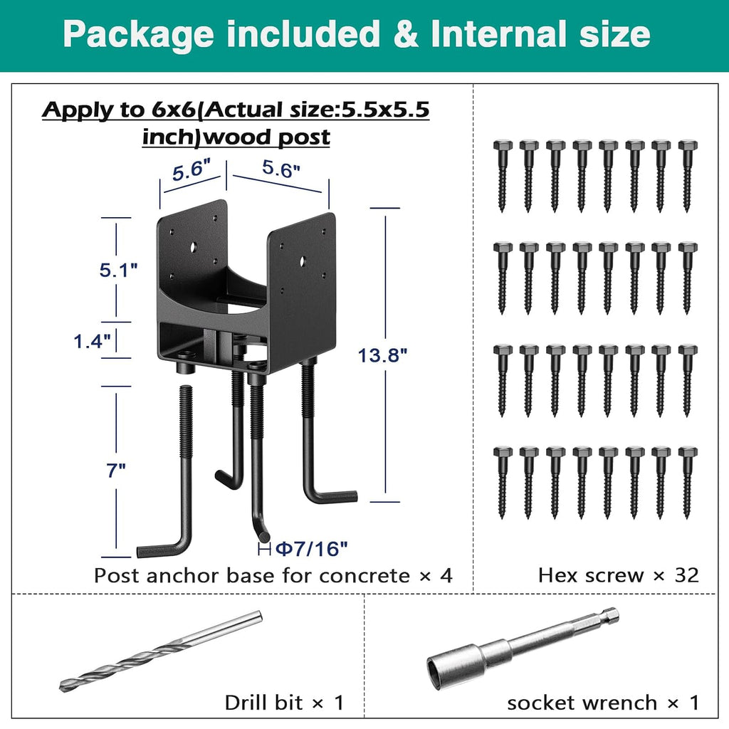 Heavy Duty Stainless Steel Post Base Anchor Bracket for 6'x6' Post with Air Flow Channel, U-Shaped Post Holder Bracket with Rebars for Concrete Foundation, Wood Gazebo, Pergola, 4Pack[Patent Pending]