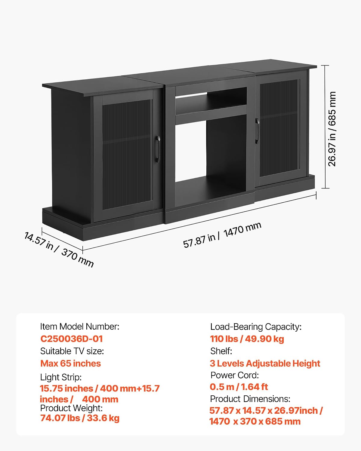 VEVOR Tall TV Stand for 65 inch TVs, Modern Entertainment Center with LED Light, Wooden TV Storage Cabinet with Glass Doors and Adjustable Shelves, Media Console for Living Room and Bedroom, Black