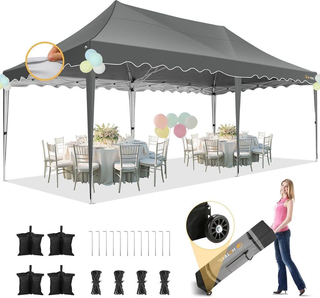 HOTEEL 10×20 Pop Up Canopy Tent UV 50+ and Waterproof, Thickened Frame, Large Space Easy Outdoor Pop Up Canopy for Wedding, Beaches, Parties, Patio (Grey)