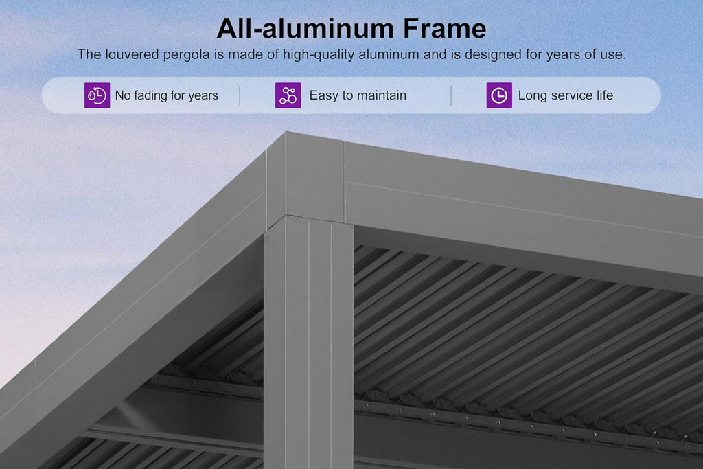 PURPLE LEAF Louvered Pergola 10' x 15' Outdoor Retractable Modern Hardtop Full Aluminum Pergola with Adjustable Rainproof Roof and 24 Clear LED Lights for Patio Deck Backyard Slate Grey