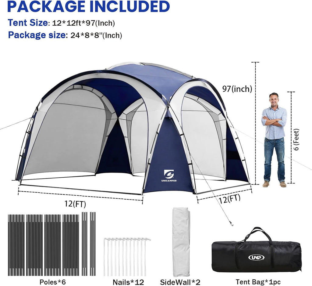 UNICAMPER Beach Tent 12 X 12ft Large UPF50+ Pop Up Canopy with 2-Pcs Side Wall