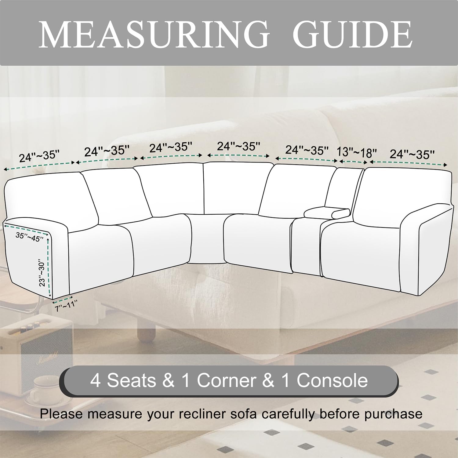 HDCAXKJ Reclining Sectional Couch Covers Velvet L Shaped Sectional Sofa Cover Washable Stretch Soft Corner Recliner Slipcover with Non-Slip Elastic Bottom (5 Seat and 1 Middle Console, Dark Gray)