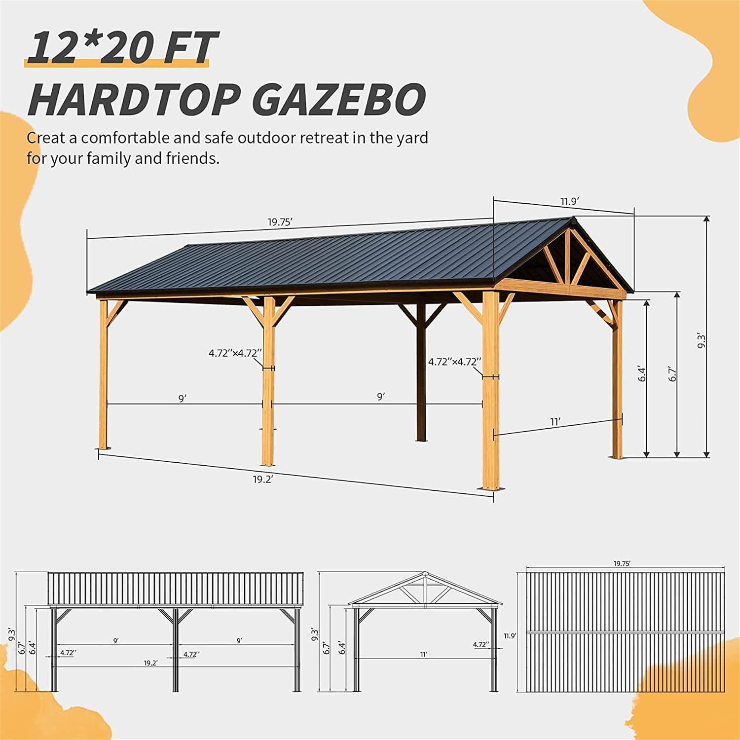 MONDAWE 12 x 20 FT Permanent Hardtop Gazebo, Wood Grain Aluminum Frame & Galvanized Steel Roof, Outdoor Metal Hard Top Gazebo Pavilion for Patio, Garden, Backyard (Yellow Brown)