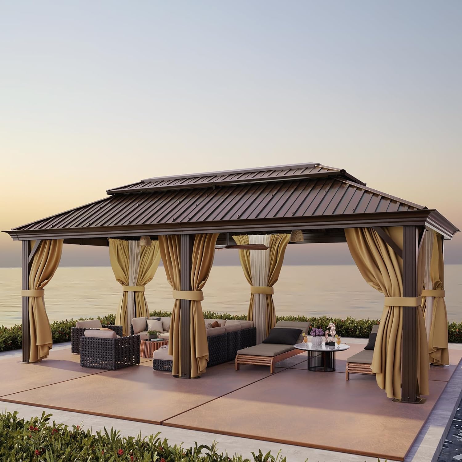 COBIZI Gazebo 12x20 Hardtop Gazebo with Heavy Duty Galvanized Steel Double Roof and Aluminum Frame, Outdoor Gazebo with Curtains and Netting, Permanent Gazebo for Patio, Lawn, & Garden Backyard, Brown