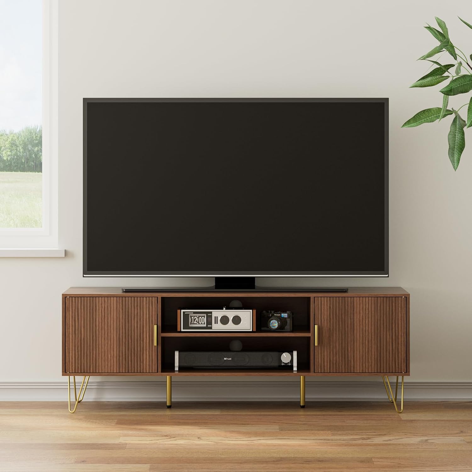 TV Stand for 55-65 Inch TV, Entertainment Center with Soft Hinge Door,TV Console Table with 2 Cabinets with Gold Handle and Feet,for Living Room, Bedroom, Walnut