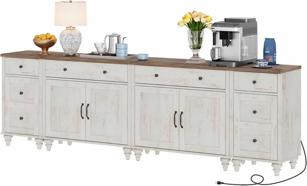 WAMPAT Farmhouse TV Stand for 100 Inch TV, 4-in-1 TV Console Table for 75/80/85/90 Inch TV, Entertainment Center with Charging Station, Kitchen Sideboard Buffet Cabinet for Dining Room, Rustic White