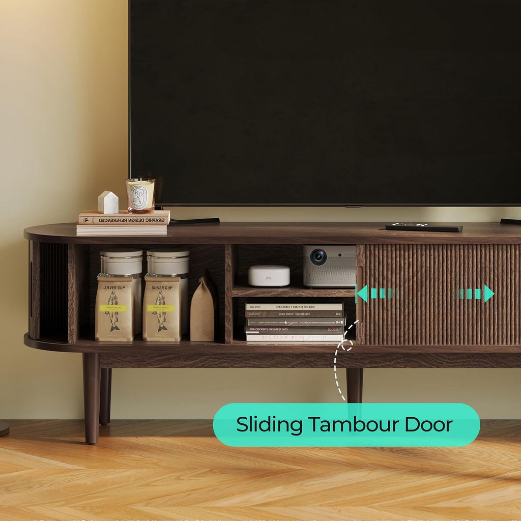LINSY HOME Fluted TV Stand for 75' TV, Mid-Century Modern 70' Entertainment Center with Sliding Tambour Door and Storage Cabinet, Cruved TV Media Console Table for Living Room, Bedroom, Walnut