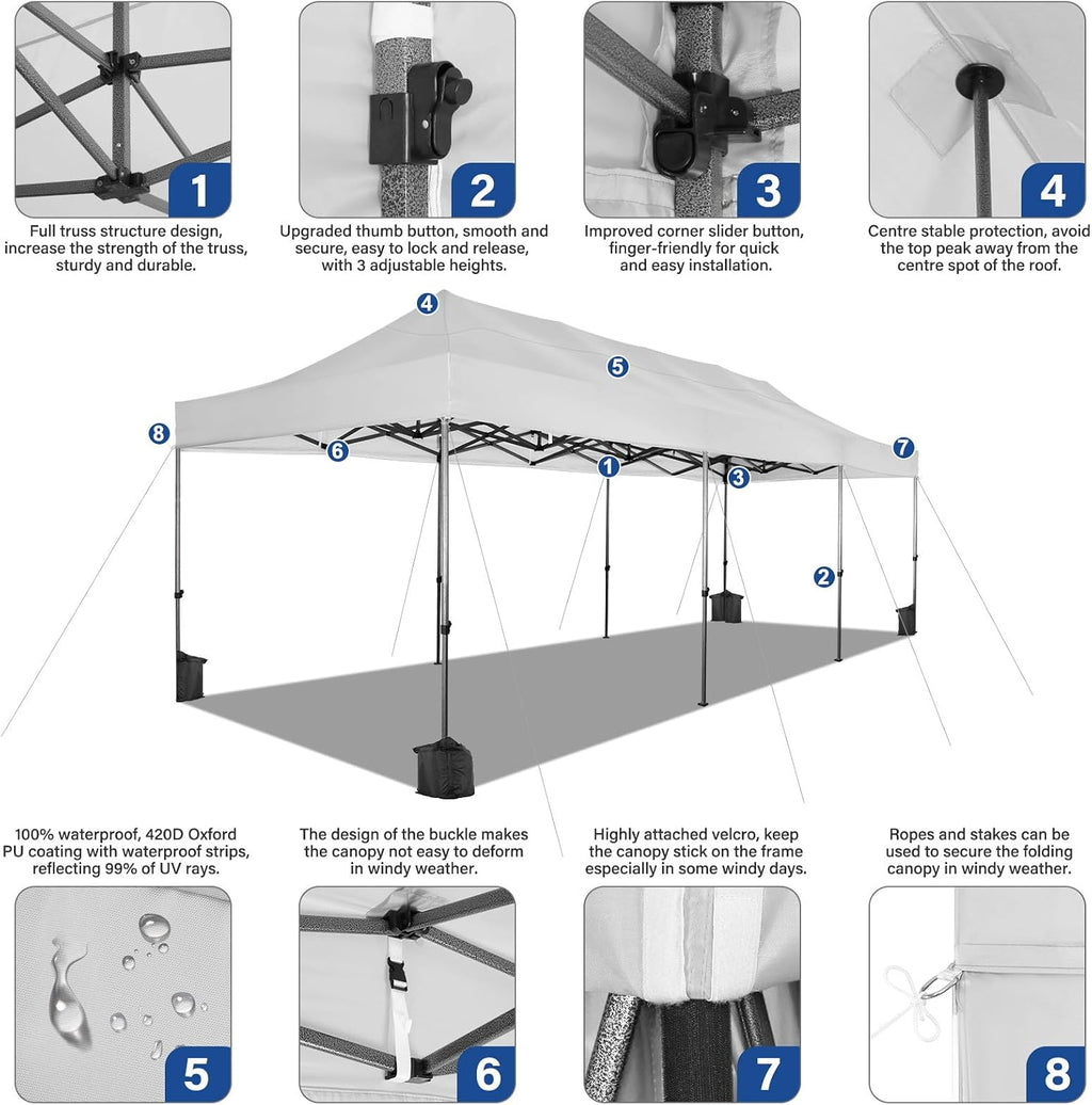 COBIZI 10x30 Heavy Duty Pop Up Canopy Tent with 8 Sidewalls Thicken Frame, Commercial Easy Up Outdoor Wedding Party Tents, All Season Waterproof Windproof with Stakes Sandbags Ropes Roller Bag, White