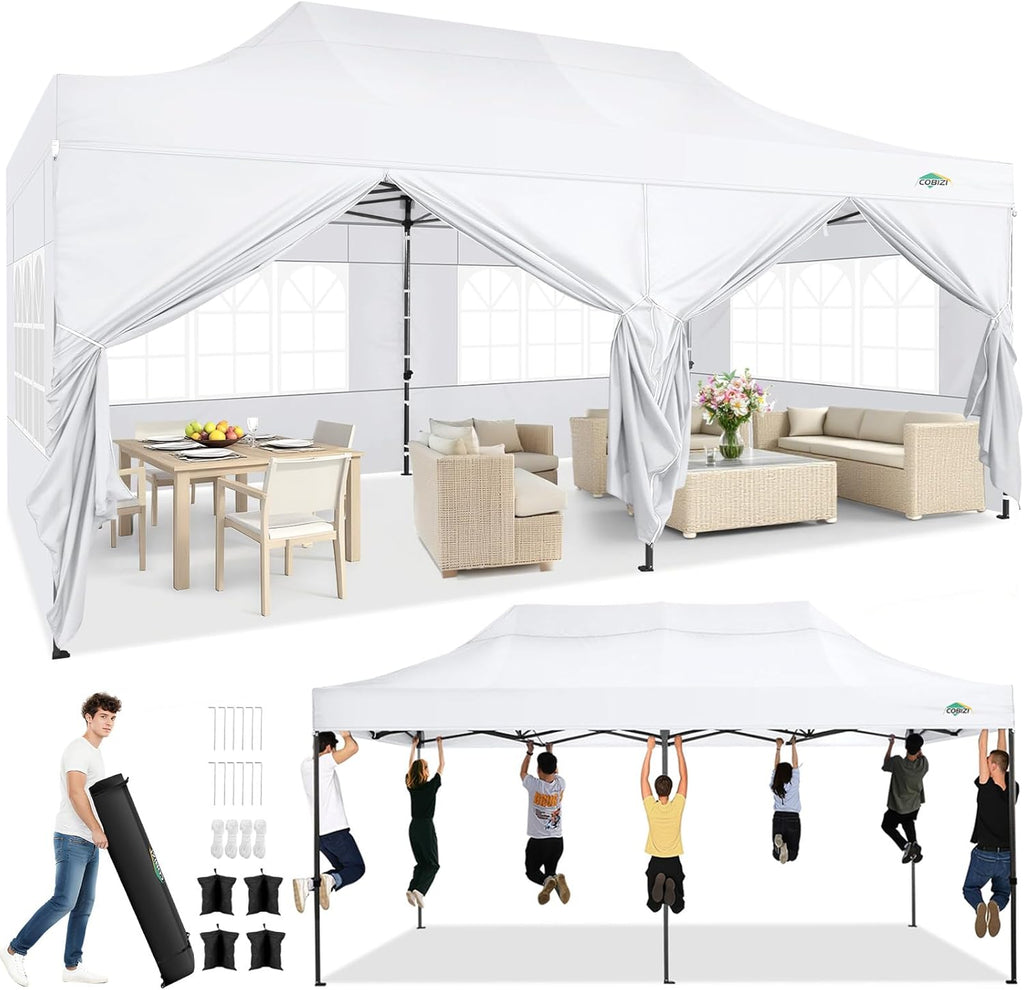 COBIZI 10x20 Heavy Duty Pop Up Canopy Tent with 6 Sidewalls Thicken Frame, Commercial Easy Up Outdoor Wedding Party Tents, All Season Waterproof Windproof with Stakes Sandbags Ropes Roller Bag, White
