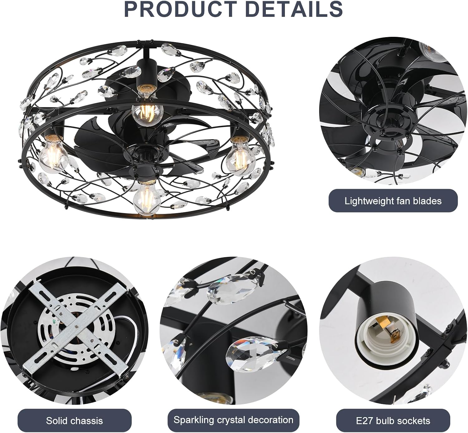Garwarm 20in Caged Ceiling Fan with Light,Rustic Industrial Ceiling Fans with Lights and Remote,Bladeless Black Fandelier Ceiling Fan,Flush Mount Fan Lights for Kitchen,Bedroom（6 Speed,Timing）