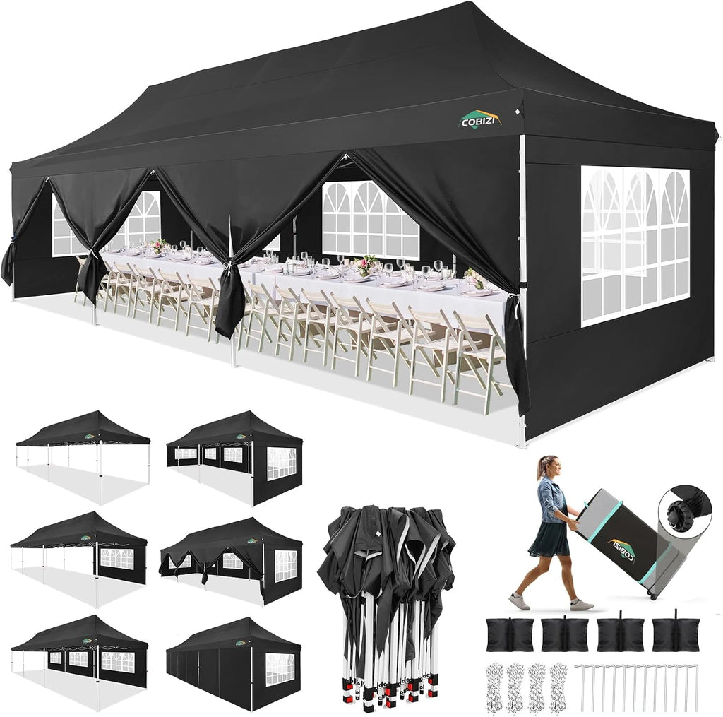 COBIZI 10x30 Pop up Canopy with Roller Bag & 8 Removable Sidewalls, Canopy Tent for Parties, Wedding, and Commercials, Waterproof and Instant Shelter UV50+ Outdoor Gazebo with 4 Sandbags(Pure Black)
