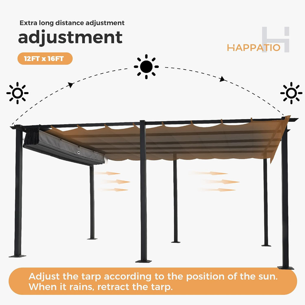 HAPPATIO 12' X 16' Outdoor Pergola Retractable Pergola Canopy for Deck, Backyard, Patio, Aluminum Frame with Sun Canopy, Includes Ground Studs and Expansion Screws (Grey)