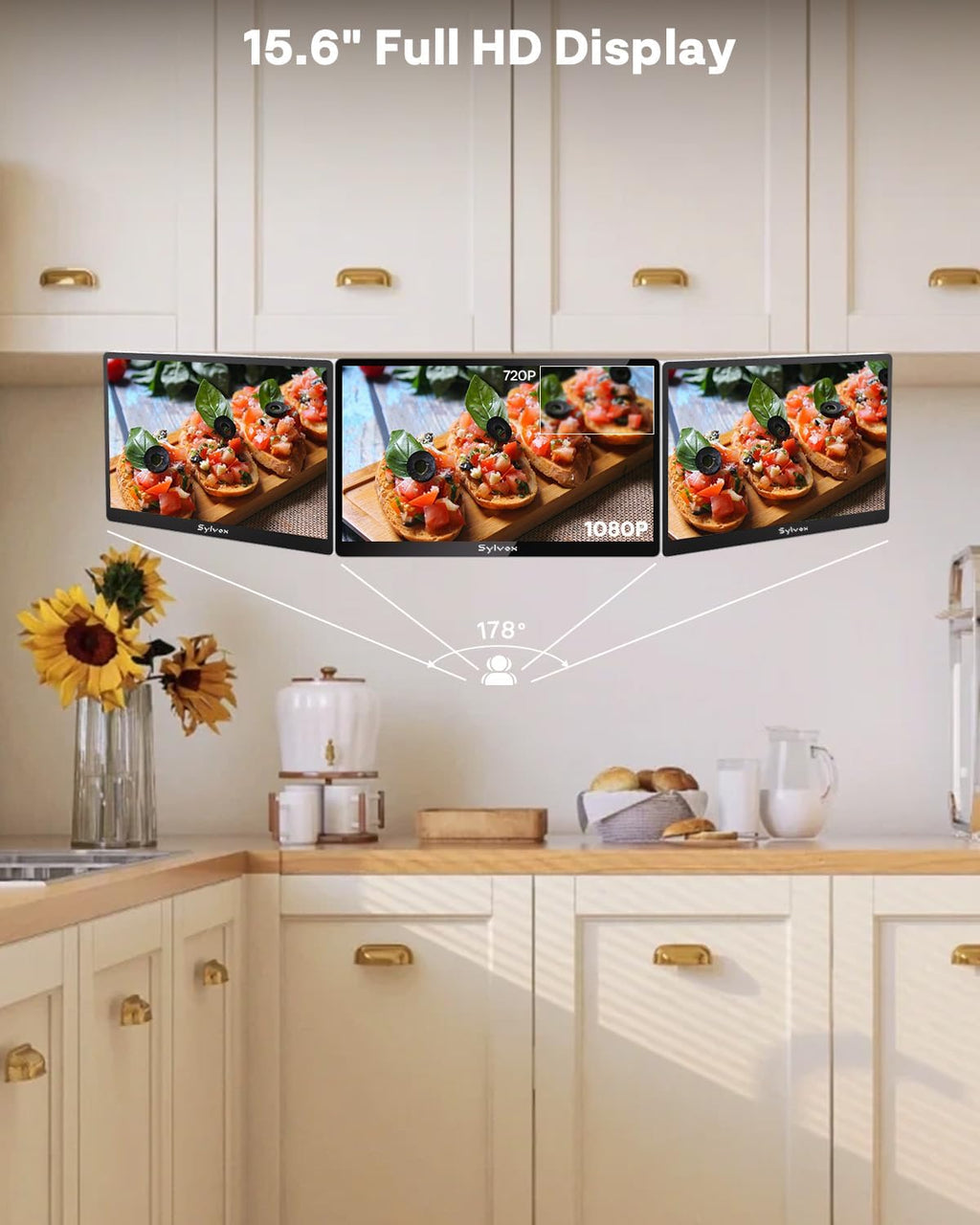 SYLVOX 15.6' Under Cabinet Kitchen TV, Non-Smart 1080P FHD Small TV, Foldable with 90° Rotation, 178° Wide Viewing Angle, 12V Compatible for RV & Camper, HDMI USB RF Ports, Works with Fire Stick
