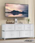 TV Stand with Mount, Fabric Dresser with 5 Drawers for 32/45/55/60/65/75 inch TVs, White Dresser Entertainment Center, Modern Media TV Console Table