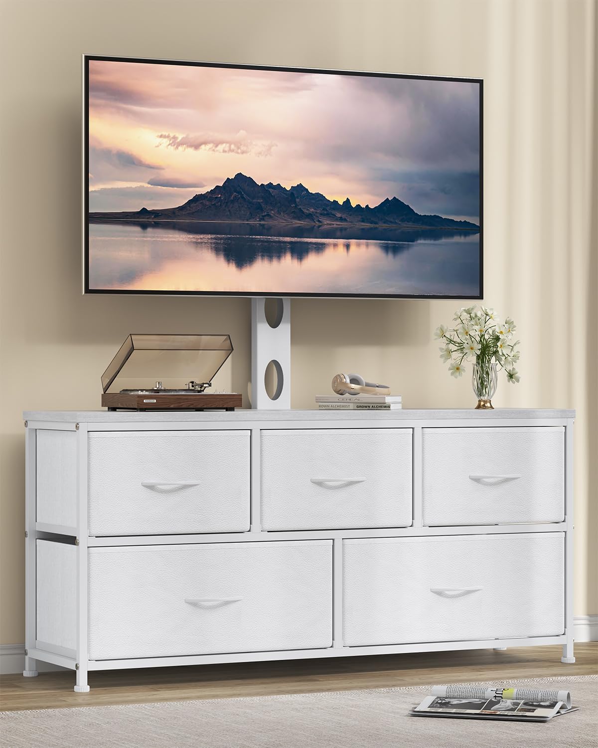 TV Stand with Mount, Fabric Dresser with 5 Drawers for 32/45/55/60/65/75 inch TVs, White Dresser Entertainment Center, Modern Media TV Console Table