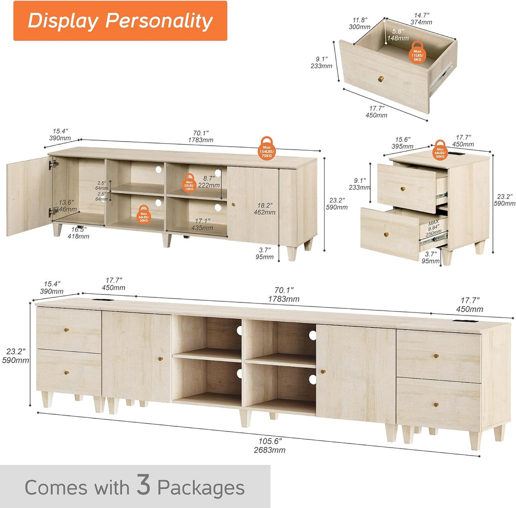 WAMPAT 3-in-1 TV Stand w/Doors&Charging Station, 105' Modern Wood Entertainment Center Media Console for 110+ inch TVs, TV Cabinet w/Shelves&4 Drawers for Living Room, Bedroom, Light Oak
