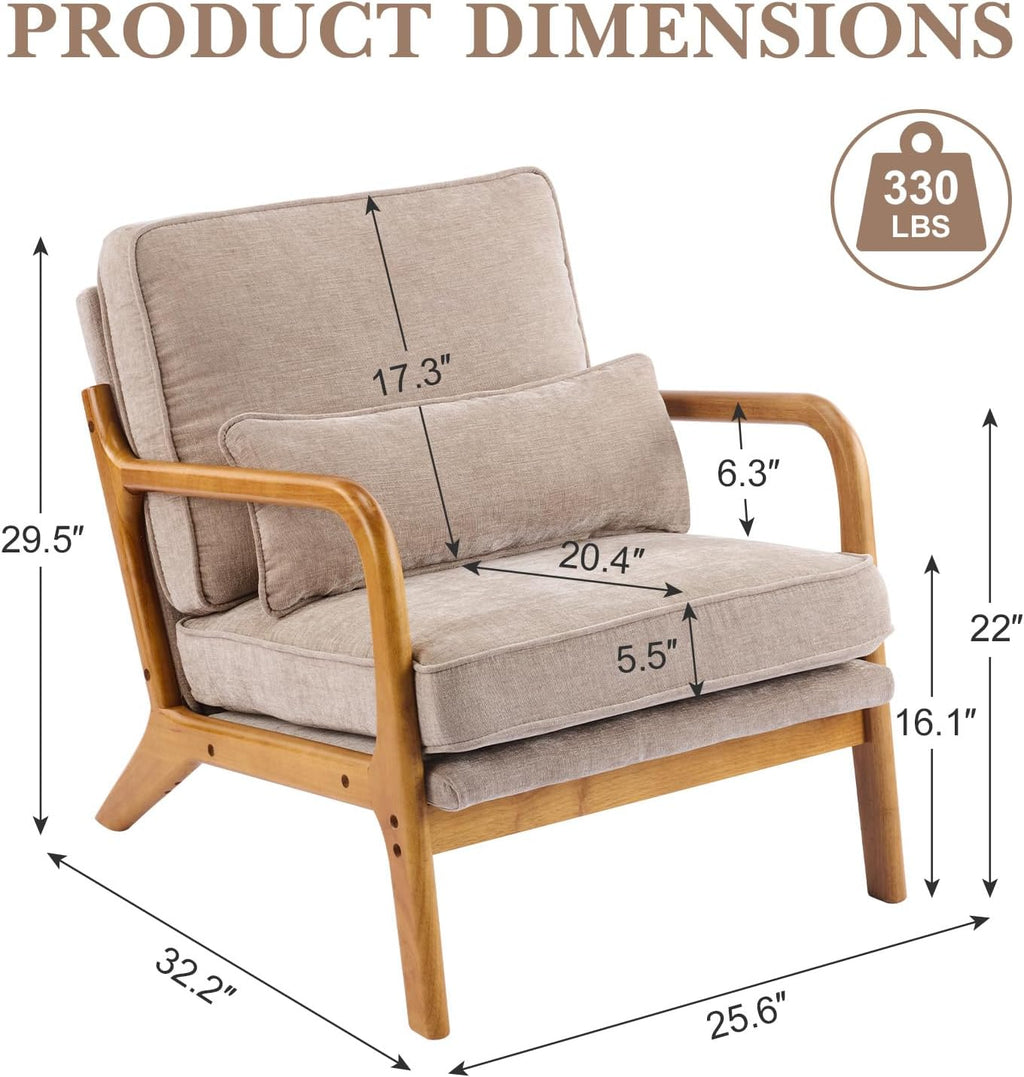 Karl home Mid Century Modern Accent Chair with Lumbar Pillow & Oak Arms – Plush Chenille Living Room Chair for Bedroom, Lounge (Khaki)