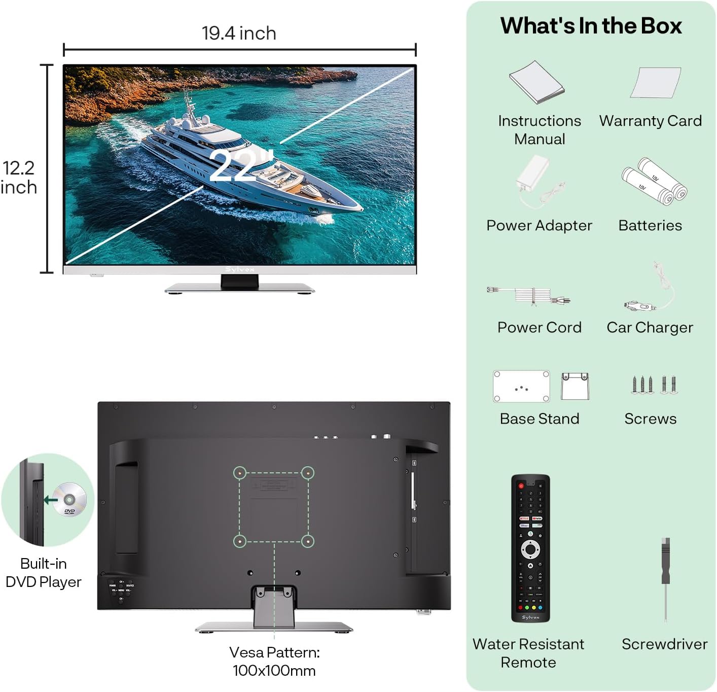 SYLVOX 12 Volt TV, 22' Smart RV TV w/DVD Player | 1080P Full HD, Wide Viewing Angle, ATSC Tuner, HDMI & USB, AC/DC Powered for RV, Boat, Yacht, Beach House, or Home