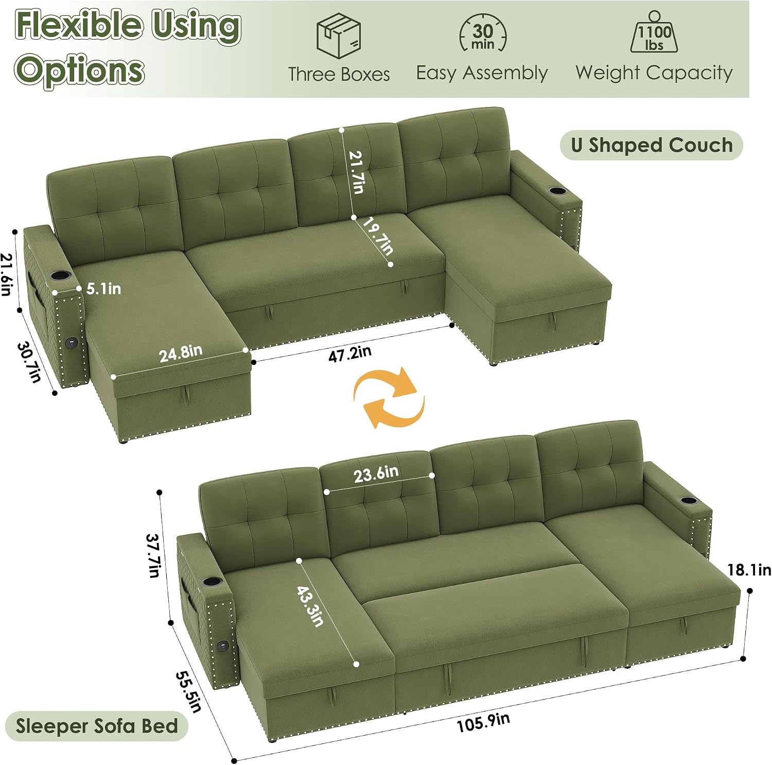 HIFIT 106' Sectional Couches for Living Room- Pull Out Sleeper Sofa Couch w/Storage Chaise,Storage Armrest,LED Light&USB Port&Cupholder,Modern Velvet U Shaped Home Sofa Living Room Furniture Set,Green