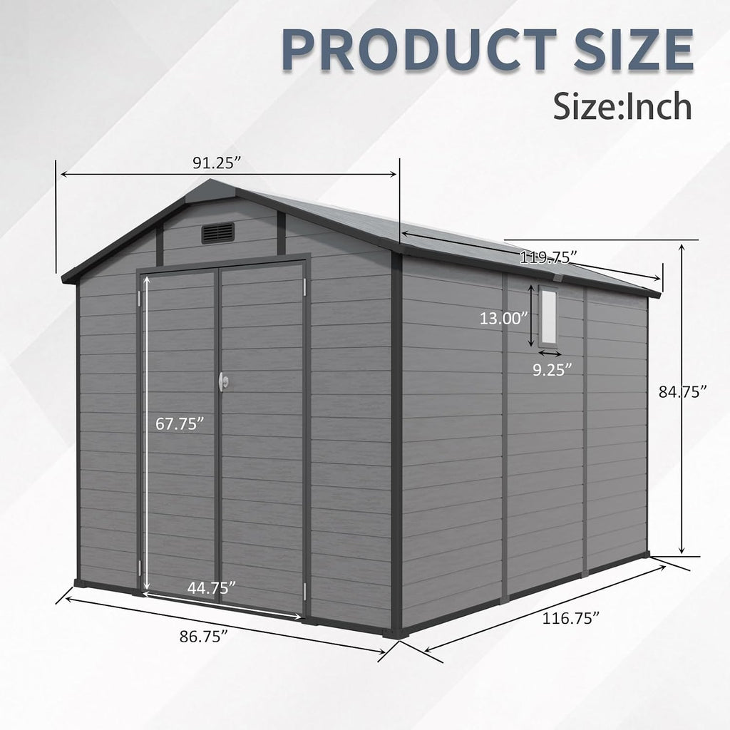 8x10 ft Outdoor Resin Storage Shed with Floor, Waterproof Plastic Garden Shed with Lockable Door, 2 Side Windows and Full-Length Ridge Skylight, All-Weather Tool Sheds for Backyard, Patio, Lawn