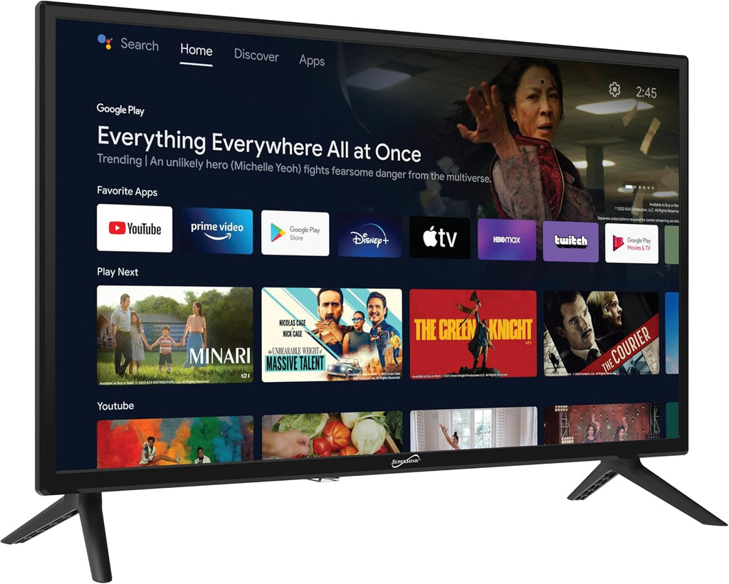 Supersonic SC-2450GTV-A 24-inch DLED Smart HDTV with Google Assistant, ATSC & NTSC System, HDMI USB Input, WiFi, 1080p Resolution, 16.7M Colors,60Hz Refresh Rate, Bluetooth, AC/DC Compatible