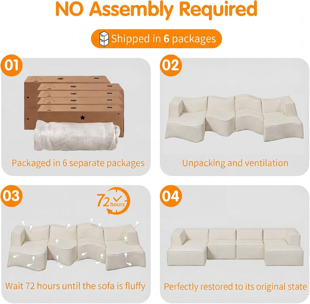 136' 6-Piece Sectional Sofa Modular Couches,L-U-Shaped with Chaise,for Living Room,Compressed Foam No Assembly,for Living Room (2xArmless Corner Ottoman) Fabric Chenille Beige