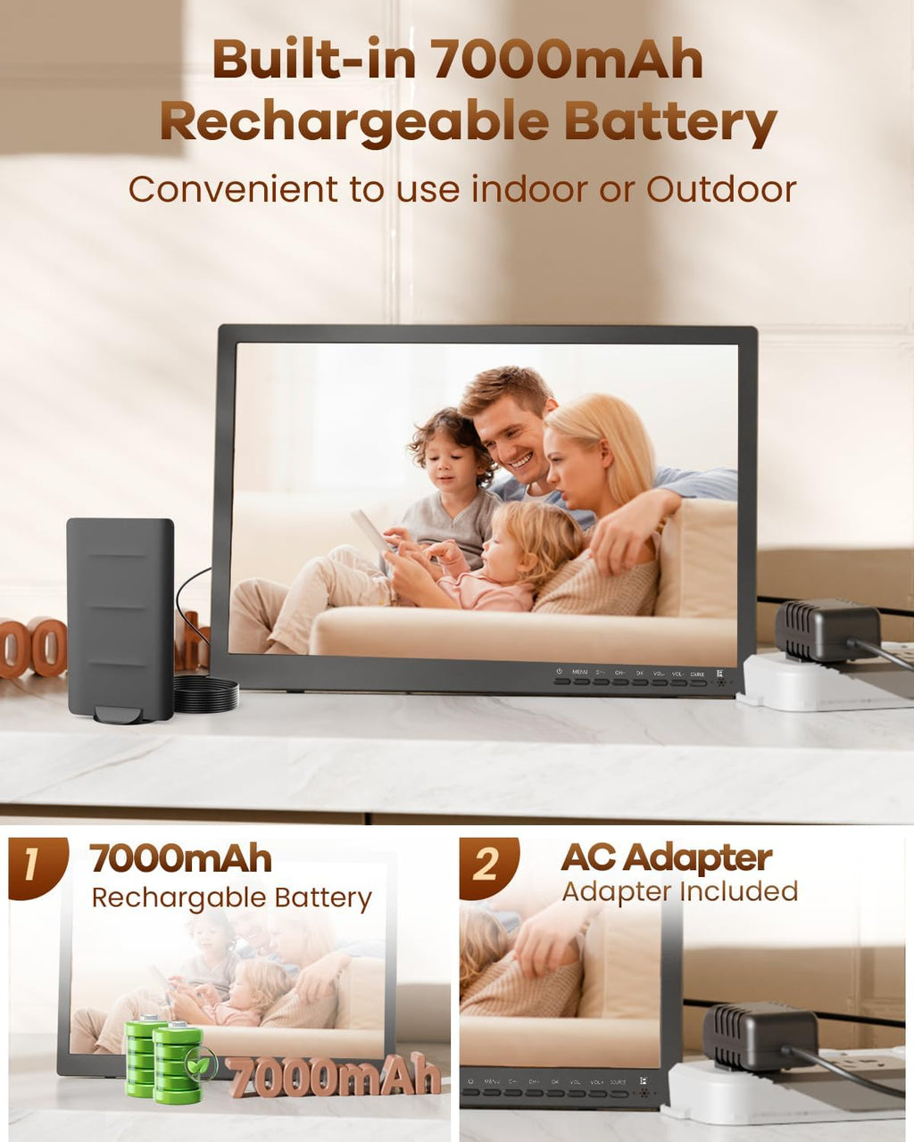 NORTHING 17.2' 1080P Portable TV for Camping, 7000mAh Rechargeable Small TV for Bedroom Kitchen RV, Flat Screen Television Supports Antenna HDMI USB AV Input, Built-in 180°Adjustable Stand