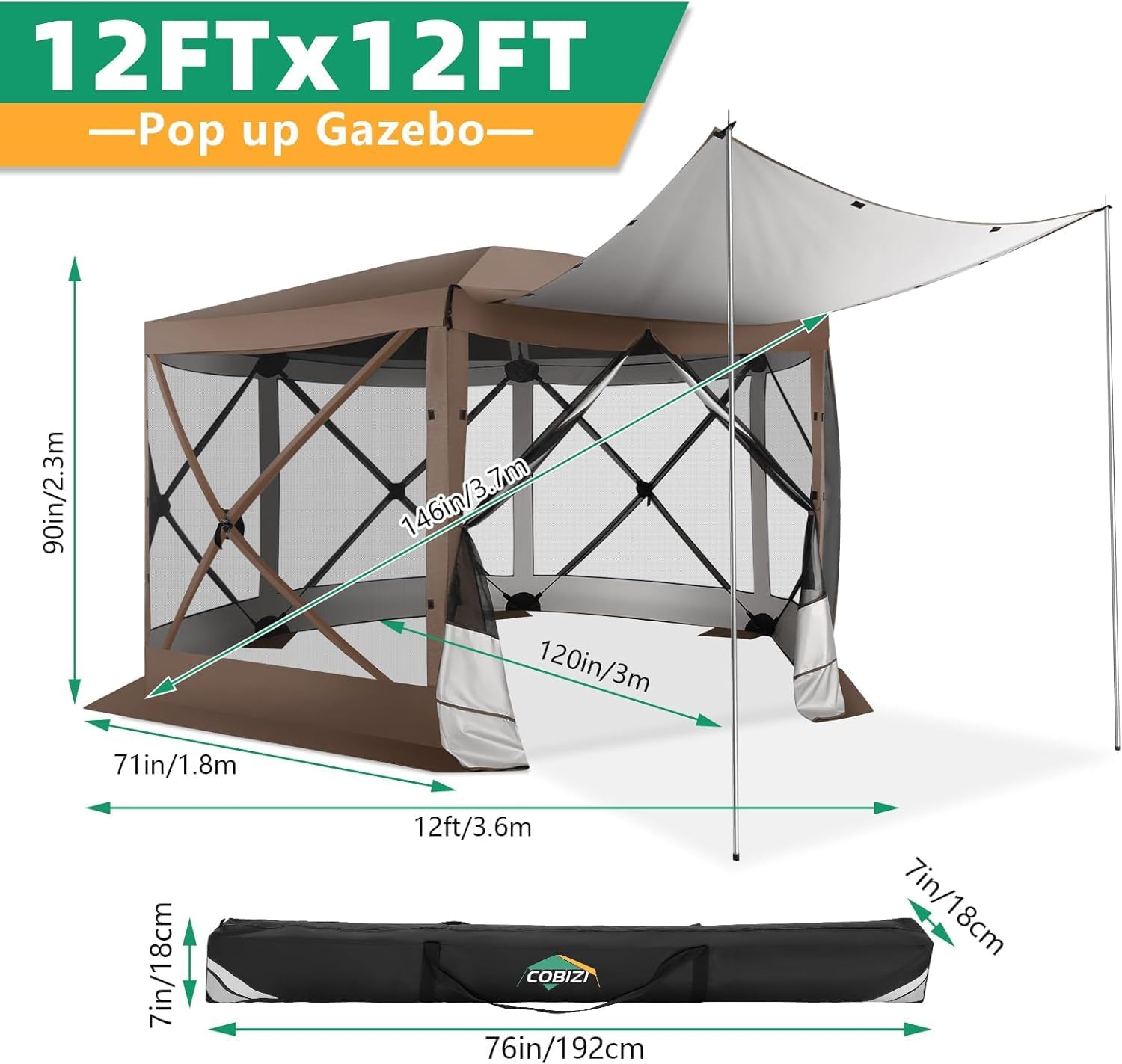 COBIZI Pop Up Gazebo Screen Tent Screen House for Camping, 12x12 Screen Room with Mosquito Netting, Hub Tent Instant Screened Canopy with Carrying Bag and Ground Stakes, Brown