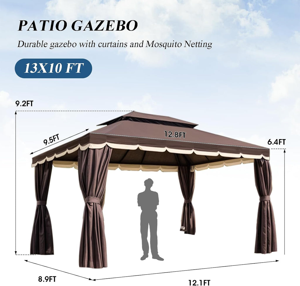 10x13 Gazebo for Patio, Outdoor Gazebo with Mosquito Netting & Curtains, Double Tier Roof Round Leg Marquee Canopy Shelter for Garden, Deck, Backyard, Lawn (D/DCO)