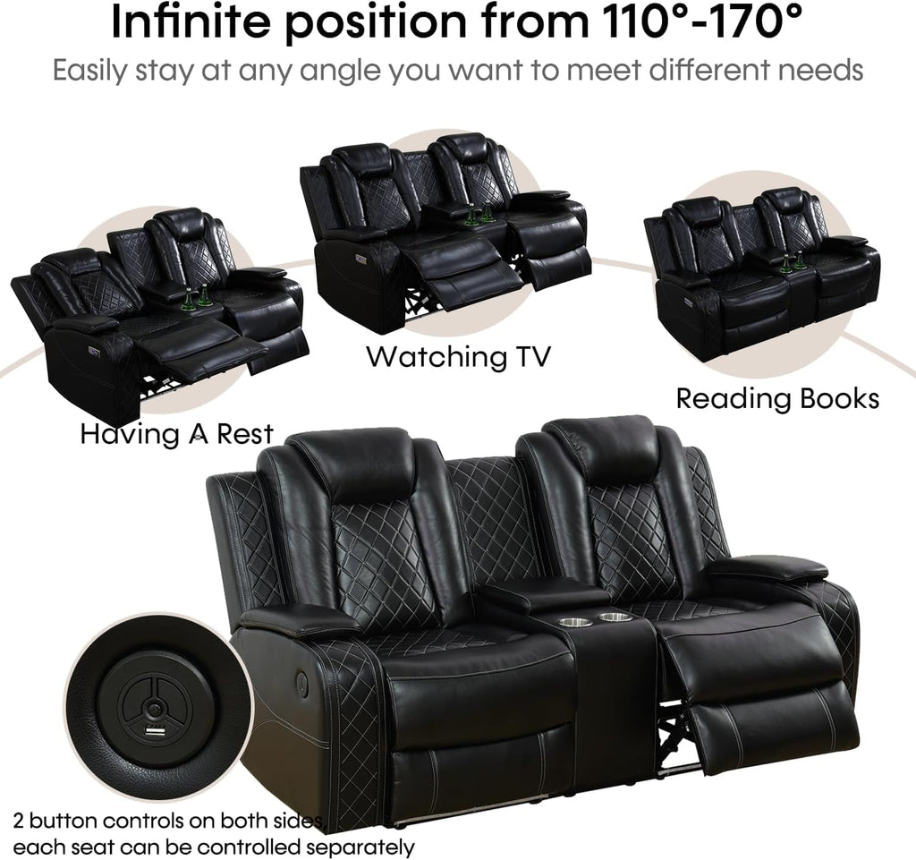 Power Recliner Set with LED Lights, Air Leather Reclining Set with USB Port/Wireless Charger/Storage Console/Cup Holder for House/HomeTheater/Apt (Black, Loveseat+2Chairs)