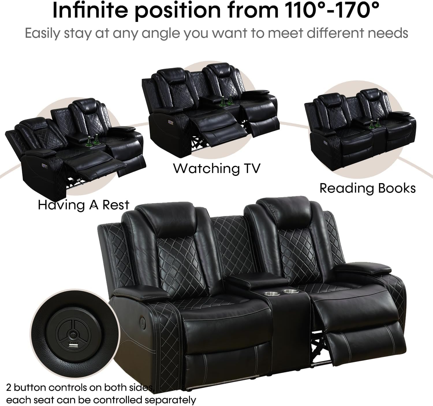 Power Recliner Set with LED Lights, Air Leather Reclining Set with USB Port/Wireless Charger/Storage Console/Cup Holder for House/HomeTheater/Apt (Black, Loveseat+2Chairs)