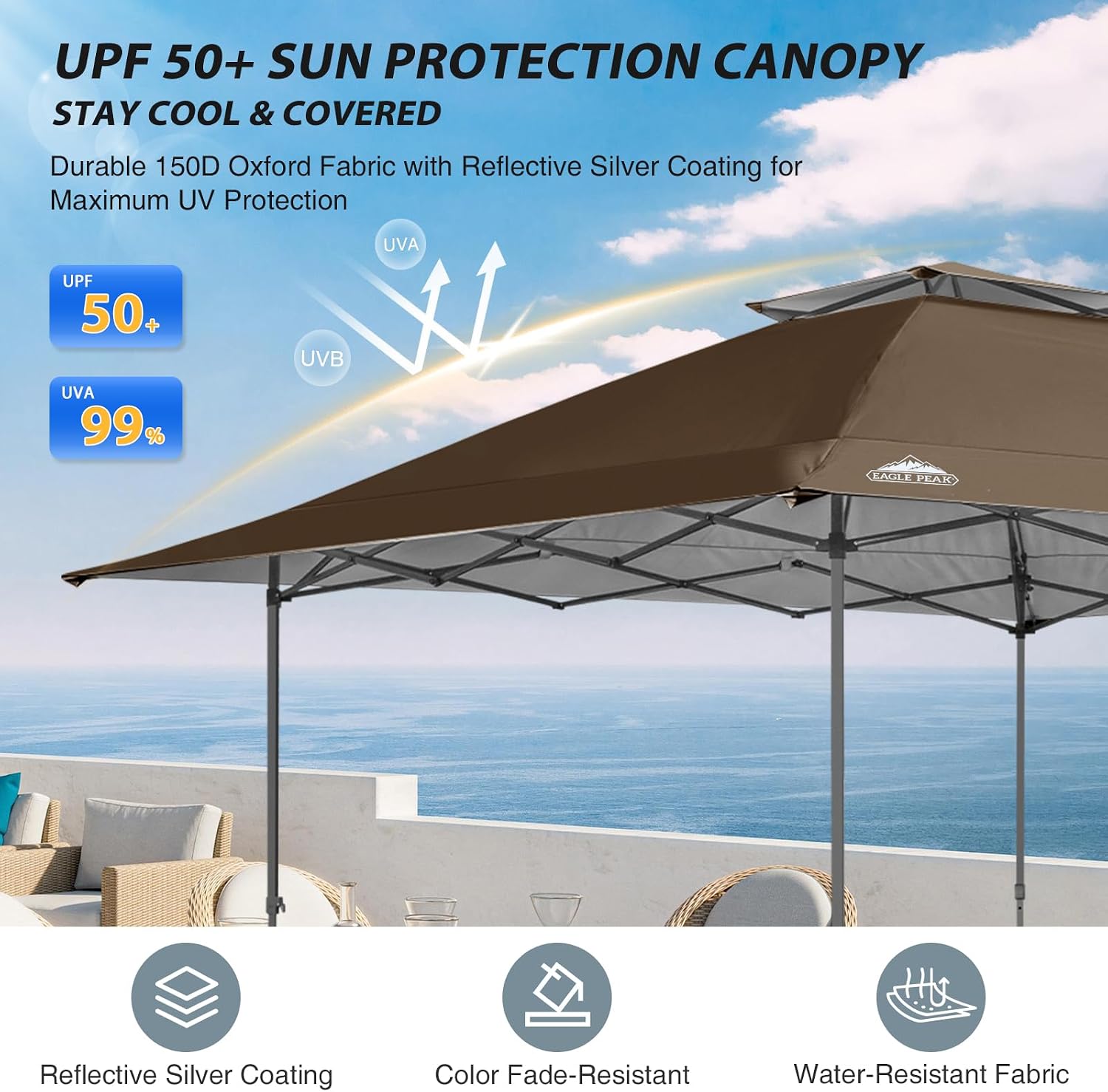 EAGLE PEAK 13x13 Straight Leg Pop Up Canopy Tent Instant Outdoor Canopy Easy Single Person Set up Folding Shelter w/Auto Extending Eaves 169 Square Feet of Shade (Brown)