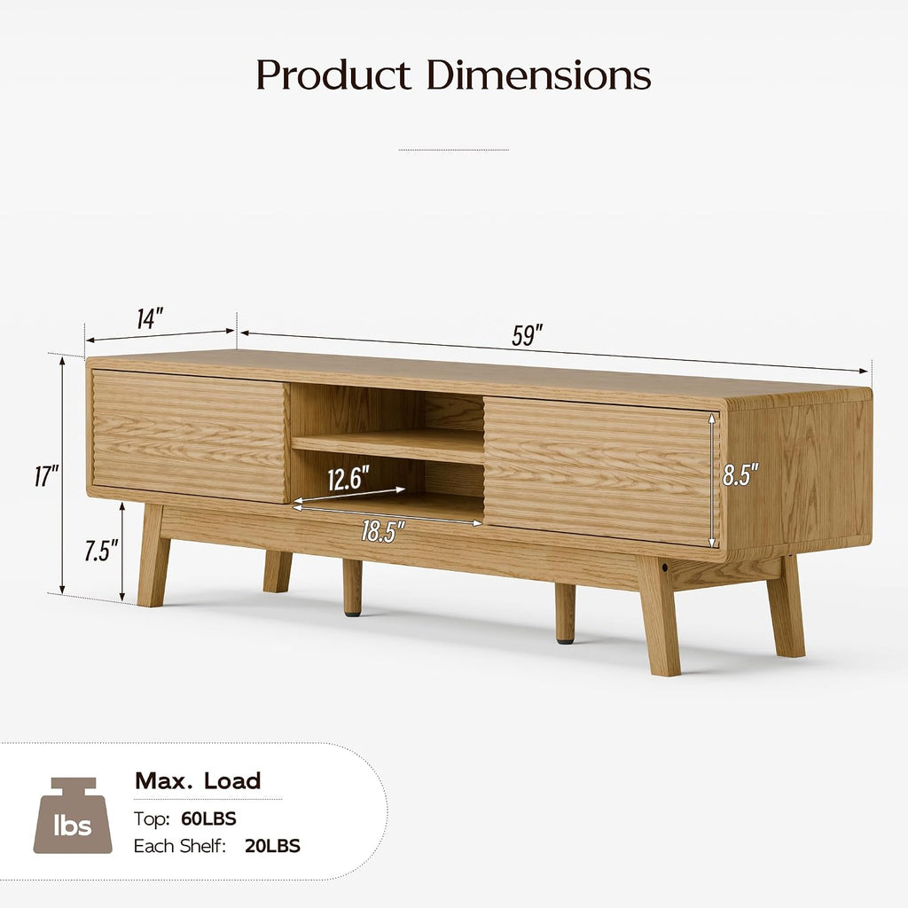 TOLEAD 59' Mid Century Modern TV Stand for TVs up to 65 Inch, Low Profile Entertainment Center with Fluted Sliding Doors & Storage, Wood TV Console Table for Living Room, Oak