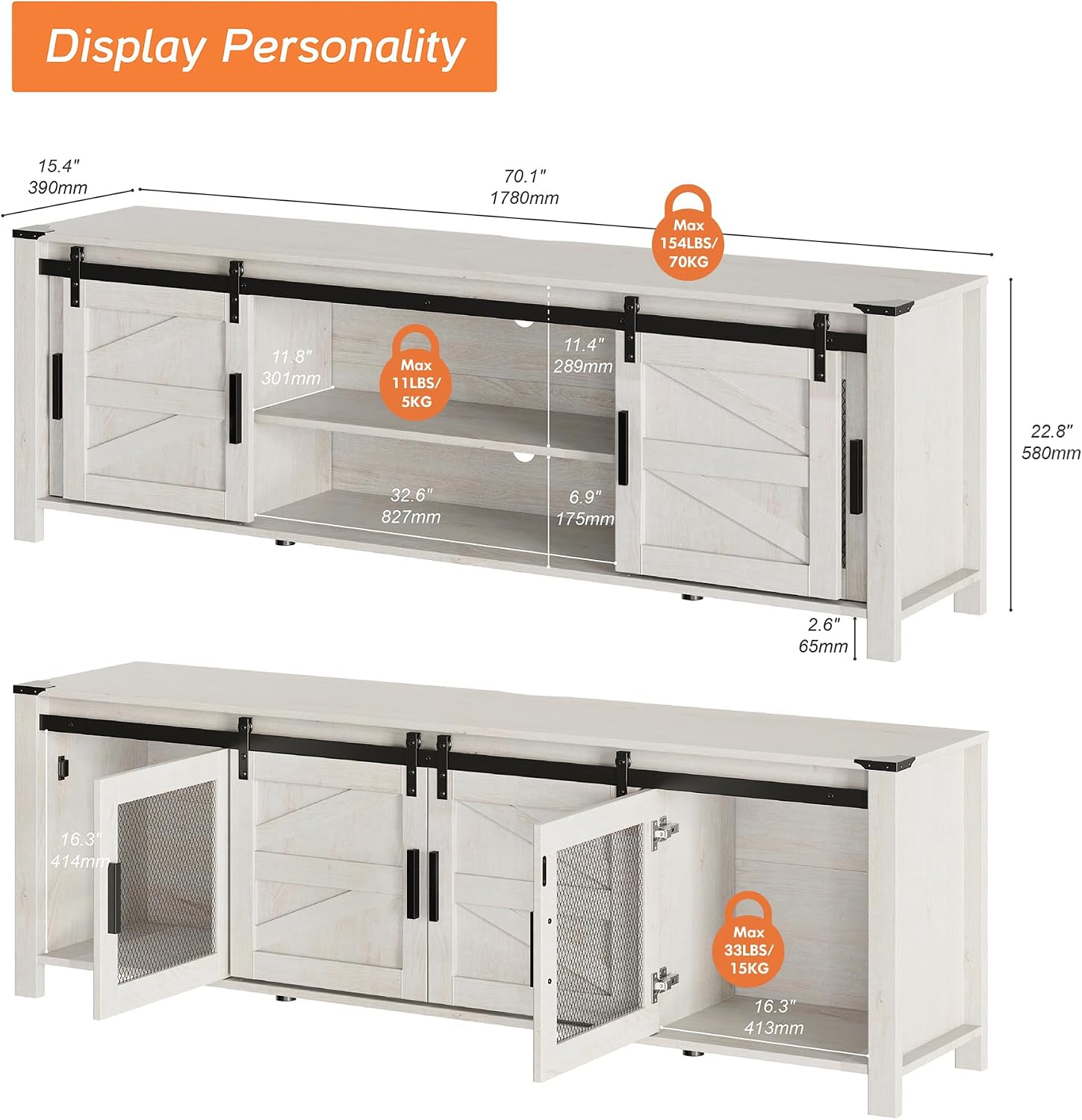 WAMPAT 70' Farmhouse TV Stand with Mesh Doors, Entertainment Center for 75' TV, Adjustable Shelves, 2 Storage Cabinets, Console Table for Living Room, Antique White
