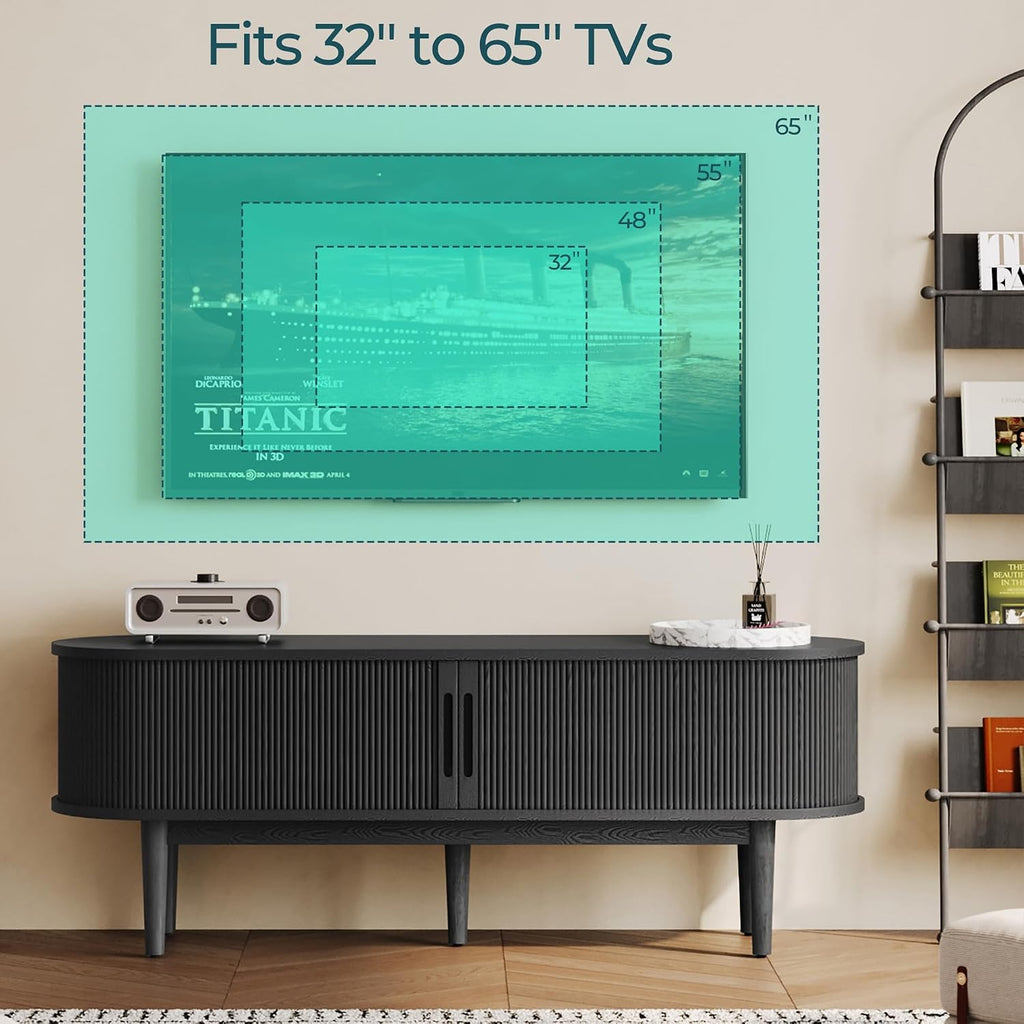 LINSY HOME Fluted TV Stand for 65' TV, Mid-Century Modern Wood Entertainment Center with Sliding Tambour Door and Storage Cabinet, Boho TV Media Console Table for Living Room, Bedroom, Black