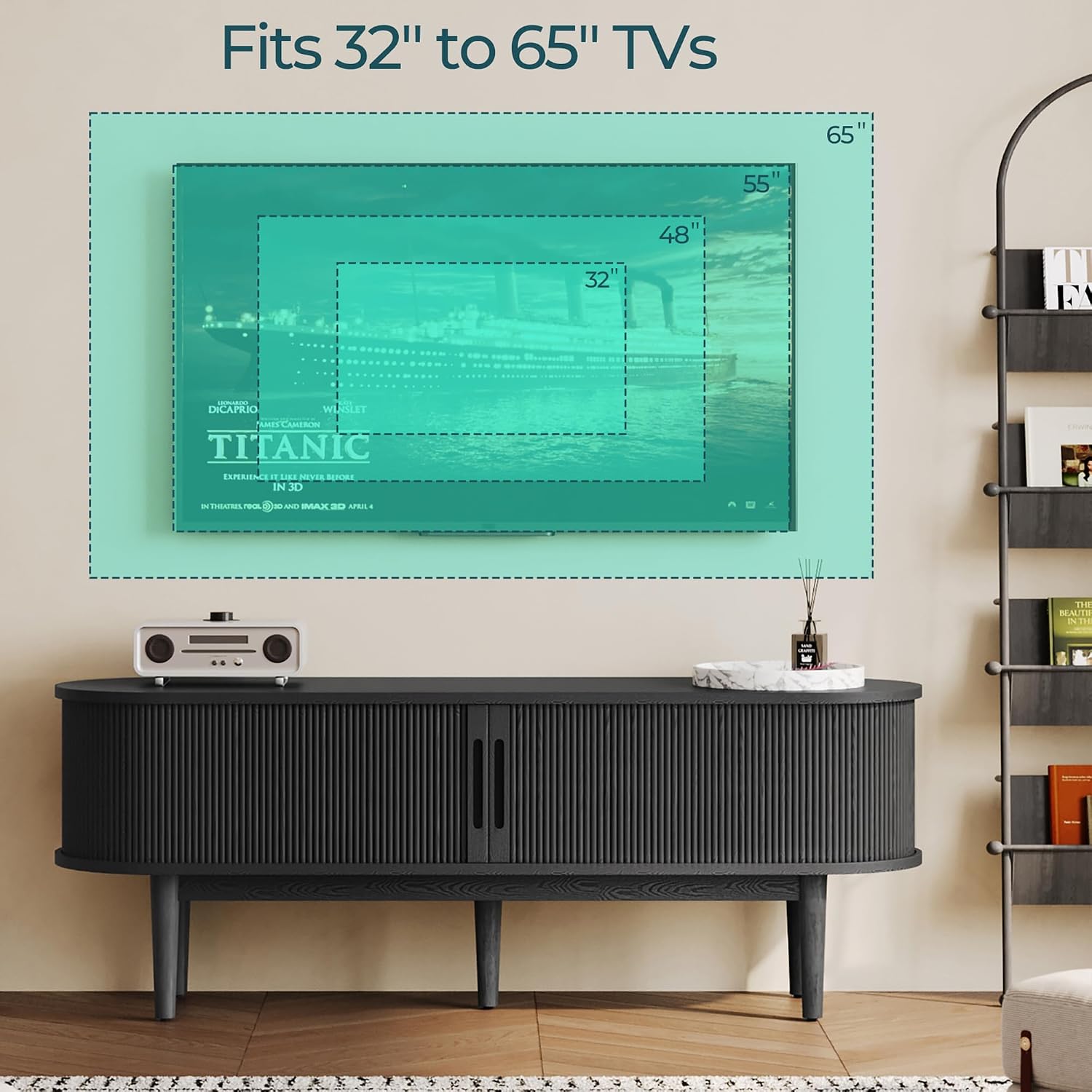 LINSY HOME Fluted TV Stand for 65' TV, Mid-Century Modern Wood Entertainment Center with Sliding Tambour Door and Storage Cabinet, Boho TV Media Console Table for Living Room, Bedroom, Black