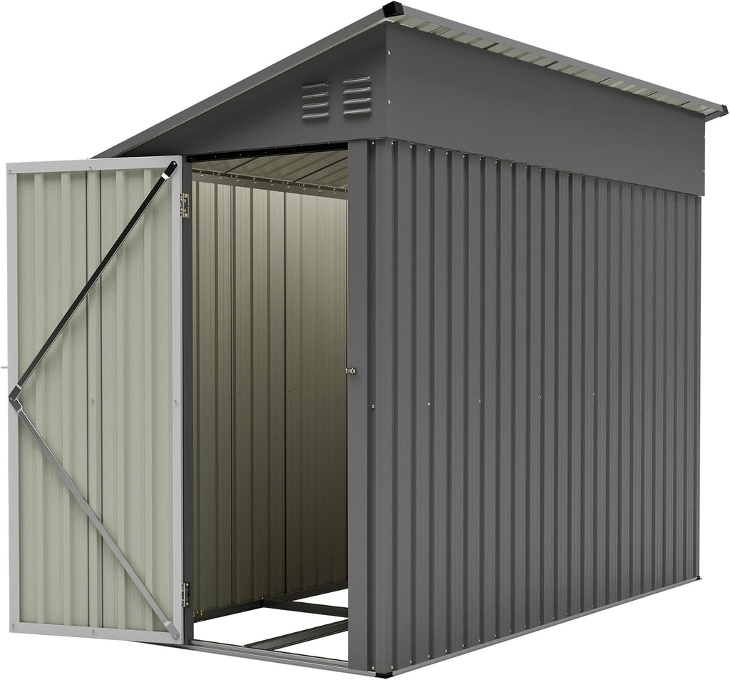 YOPTO 4×8 FT Lean to Metal Shed,Outdoor Heavy-Duty Storage Shed with Floor Base,All Weather Waterproof Garden Tool House W/Lockable Door&2 Air Vents,Reversible Door Design,for Backyard,Patio,Lawn,Gray