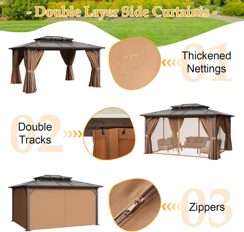 12' x 14' Double Roof Gazebo with Polycarbonate Panels – Durable Aluminum Frame, Outdoor Pavilion with Curtains for Patio, Garden & Backyard