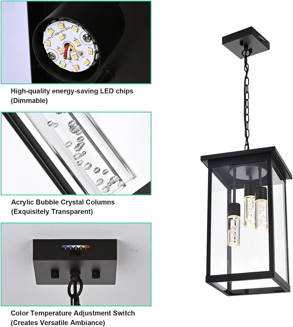 Yaohong 17' Large 5CCT LED Outdoor Pendant Light, 3-Lights Modern Black Hanging Ceiling Fixture with Acrylic Column & Clear Glass, Weatherproof Chandelier for Porch Gazebo Patio Entryway