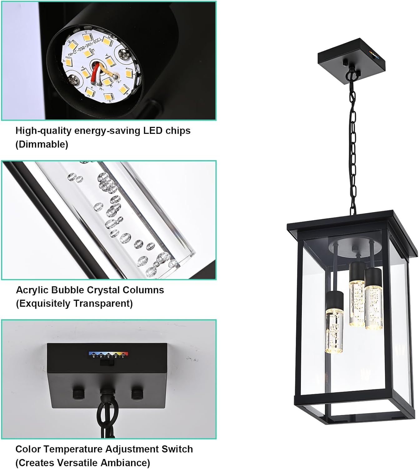 Yaohong 17' Large 5CCT LED Outdoor Pendant Light, 3-Lights Modern Black Hanging Ceiling Fixture with Acrylic Column & Clear Glass, Weatherproof Chandelier for Porch Gazebo Patio Entryway