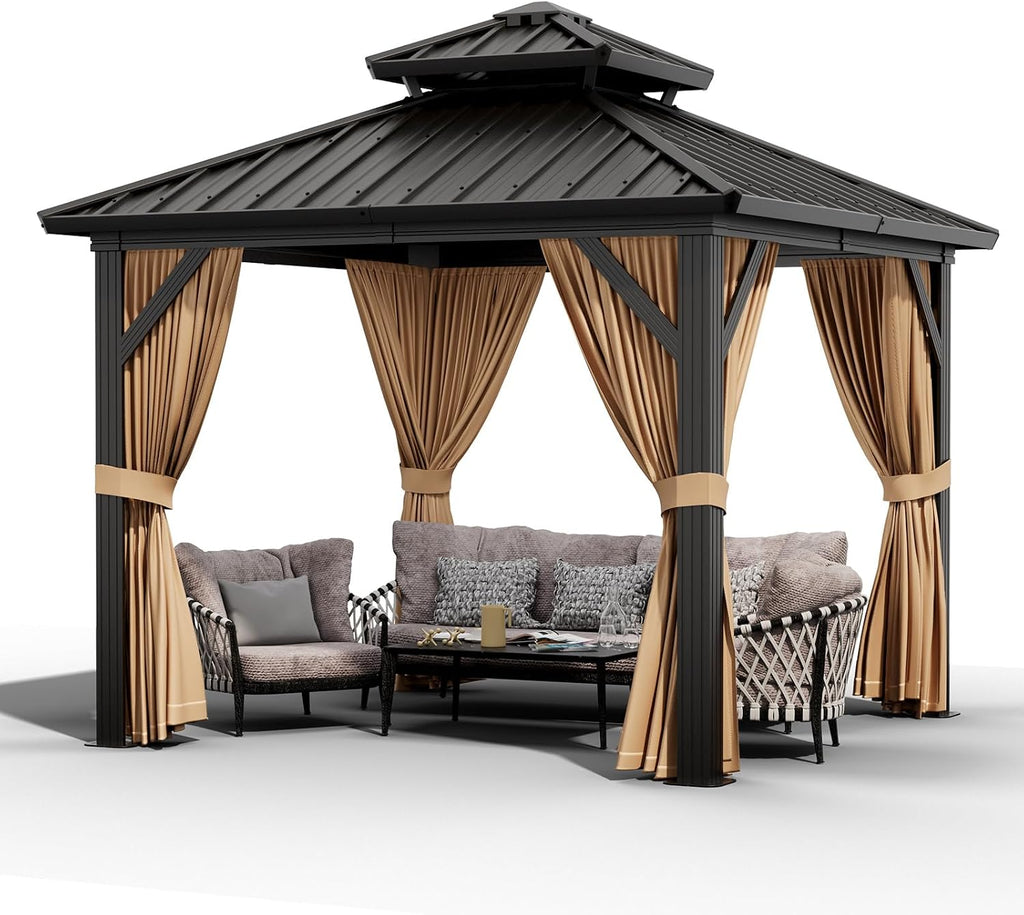 Garvee 10x10 ft Hardtop Gazebo, Outdoor Heavy Duty Galvanized Aluminum Framed Double Roof Pavilion with Netting and Curtains, Waterproof Metal Roof Gazebo for Backyard, Patio, Deck and Poolside, Brown