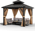 Garvee 10x10 ft Hardtop Gazebo, Outdoor Heavy Duty Galvanized Aluminum Framed Double Roof Pavilion with Netting and Curtains, Waterproof Metal Roof Gazebo for Backyard, Patio, Deck and Poolside, Brown
